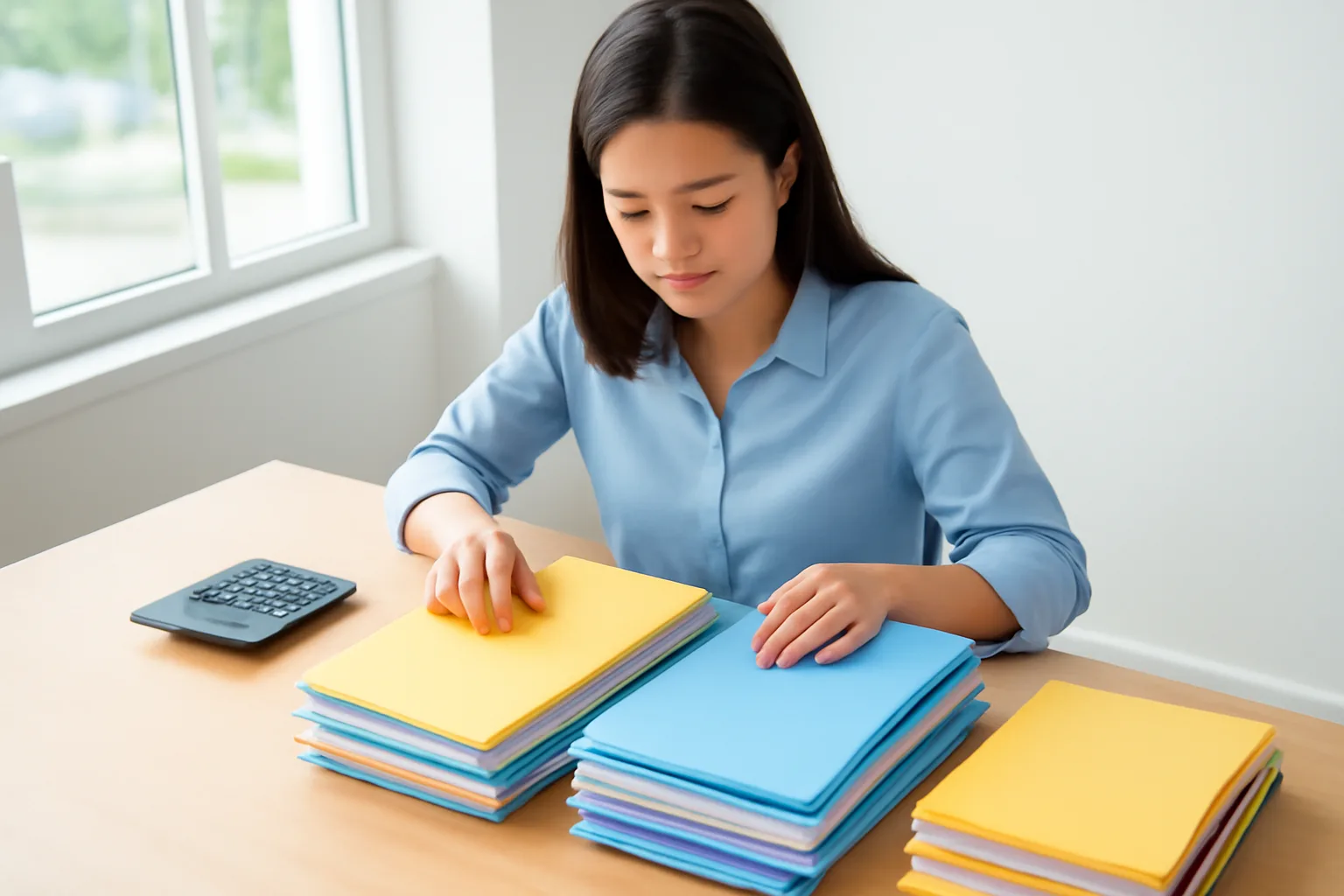 Nữ kế toán trẻ xếp các xấp chứng từ thành từng chồng trên bàn làm việc trong ngày đầu nhận việc